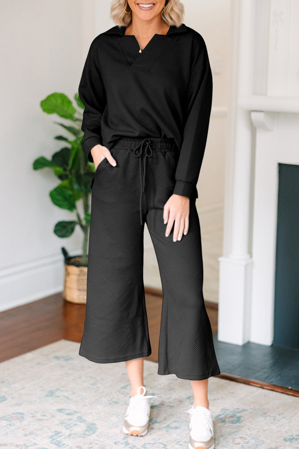 Textured Collared V Neck Top and Wide Leg Pants Set