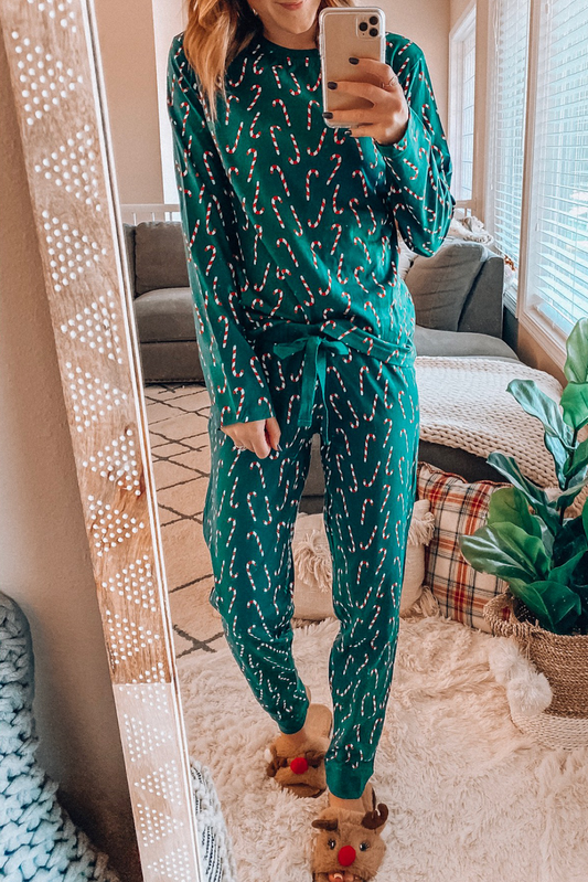 Green Christmas Candy Cane Printed Top and Pants Loungewear Set