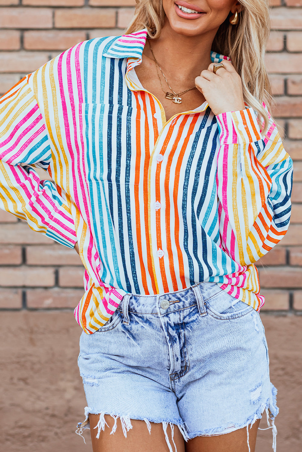 Orange Stripe Multicolor Drop Shoulder Loose Shirt