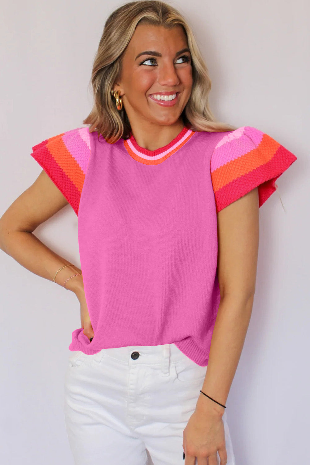 Bright Pink Contrast Sleeve Striped Round Neck Knitted Tee