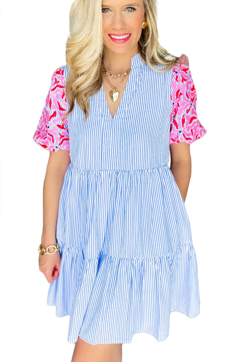 Sky Blue Stripe Floral Puff Sleeve Ruffle Tiered Dress