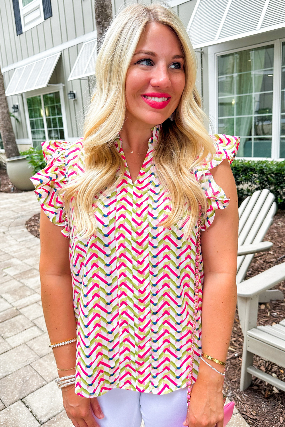 Multicolor Chevron Print Frill V Neck Ruffle Blouse