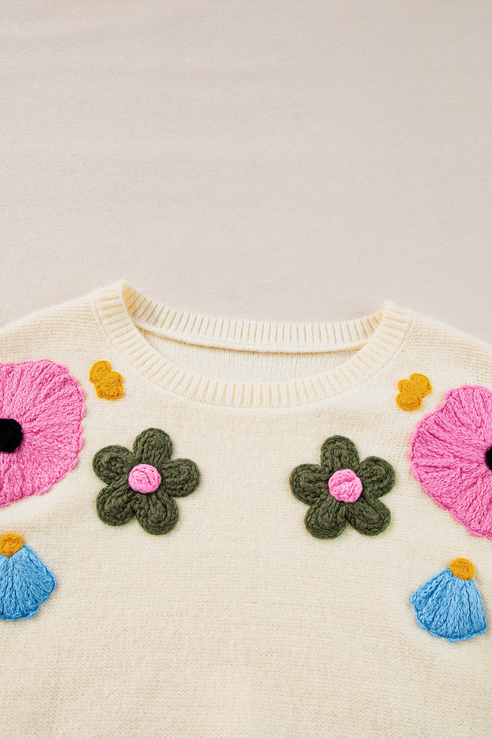 Pink 60s Flower Pattern Ribbed Edge Sweater