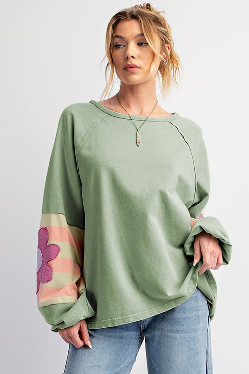 DUNE Flower Patchwork Exposed Seam Raglan Sleeve Top