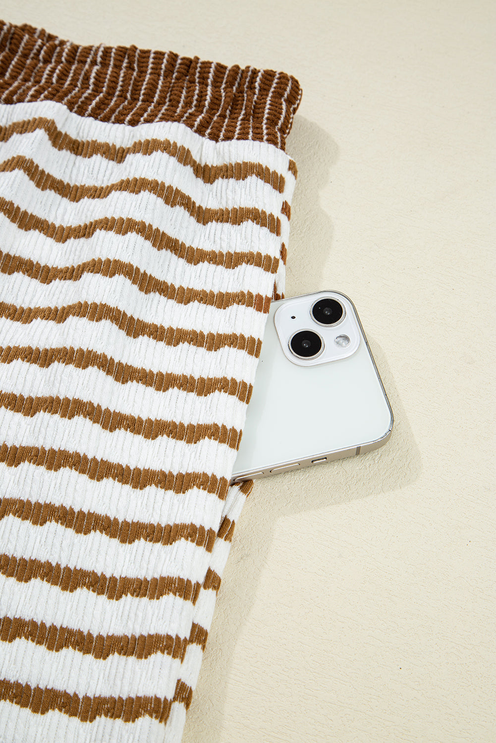 Khaki Stripe Textured Collared Pullover Top and Drawstring Pants Set