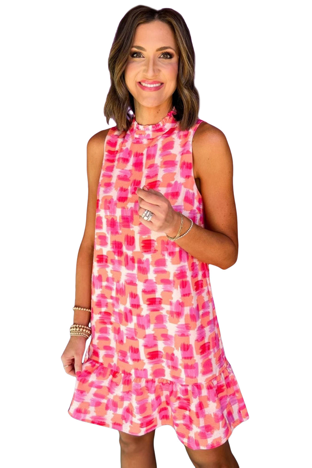 Pink Abstract Print Frill Neck Sleeveless Mini Dress