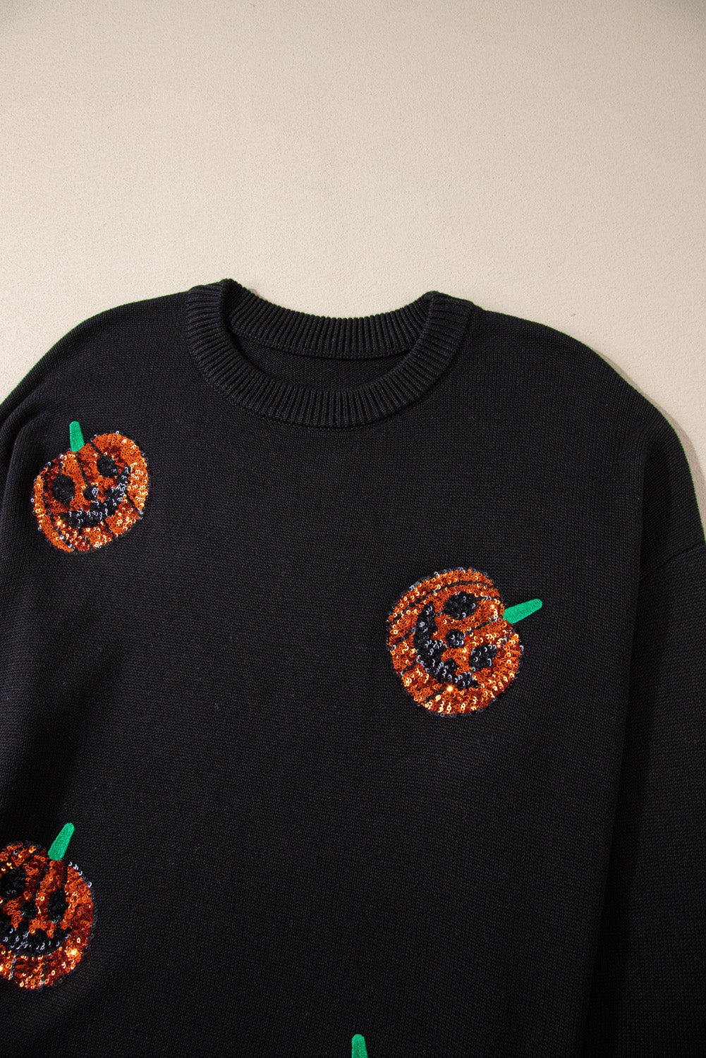 Black Halloween Sequin Pumpkin Pattern Plus Size Sweater