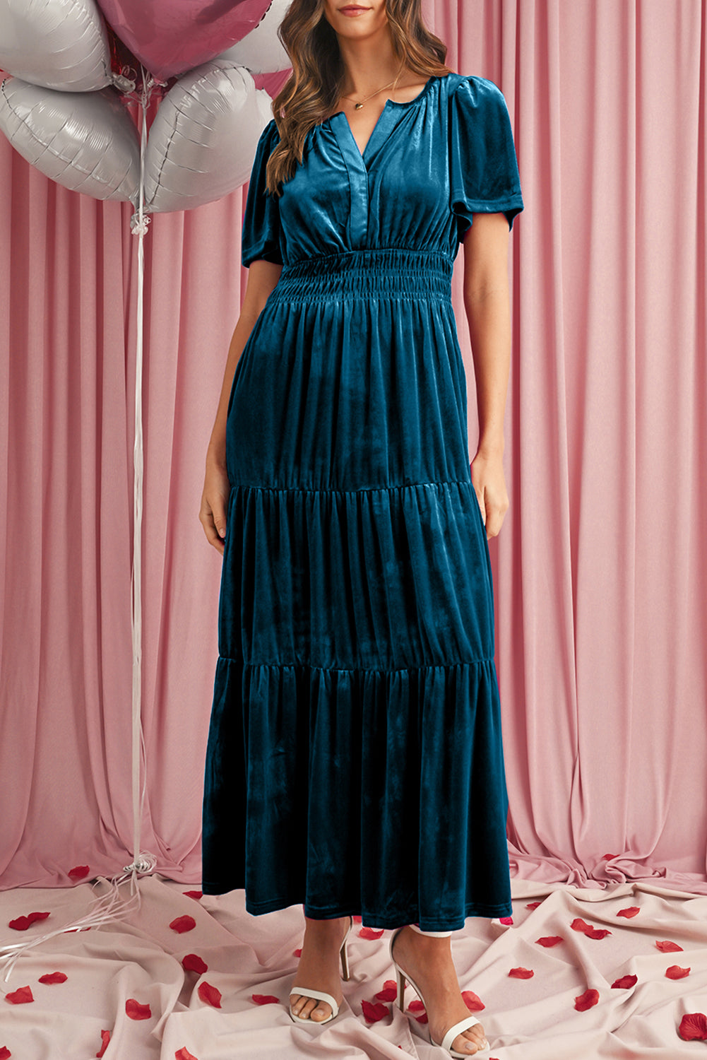 Red Dahlia Velvet Short Sleeve Shirred Waist Tiered Maxi Dress