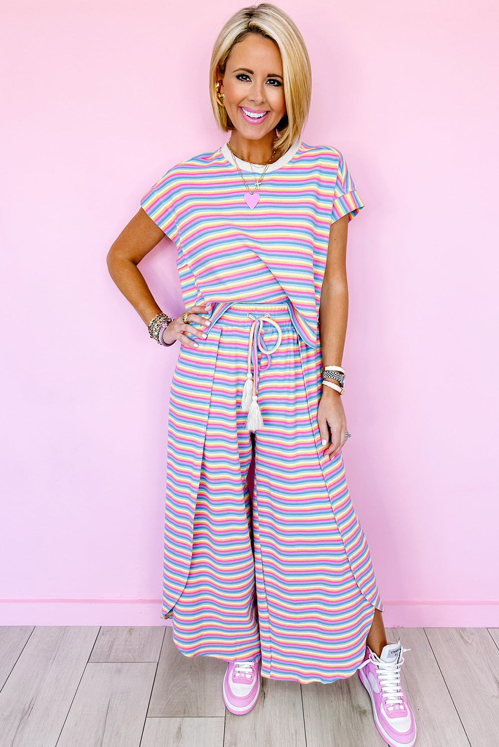 Yellow Stripe Rainbow Tee and Tassel Drawstring Wide Leg Pants Set