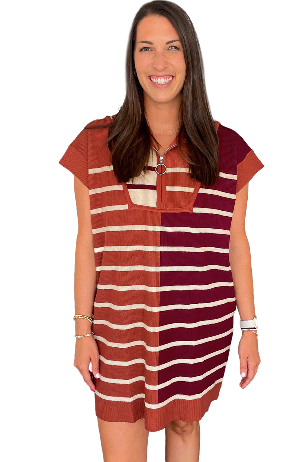 Black Stripe Color Block Short Sleeve Quarter Zip Mini Dress