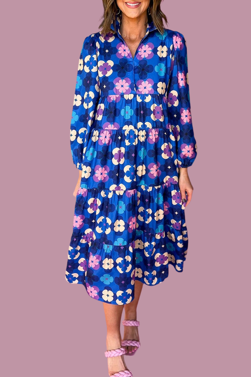 Blue Floral Peasant Sleeve Tiered Ruffle Midi Dress