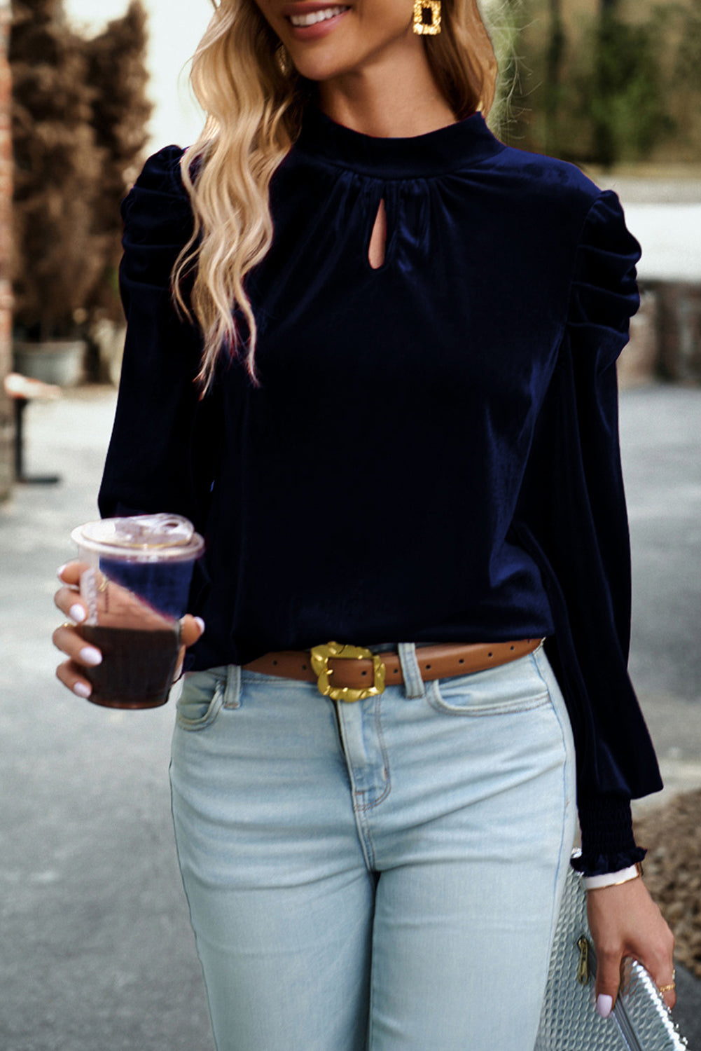 Peach Blossom Mock Keyhole Neck Puff Sleeve Velvet Blouse