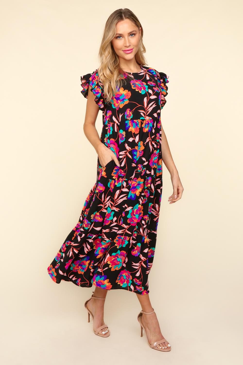 Haptics Ruffled Printed Round Neck Cap Sleeve Dress