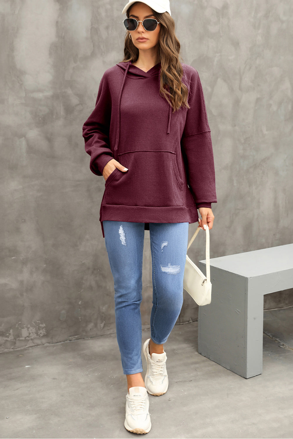 Gray Waffle Knit High Low Oversized Hoodie