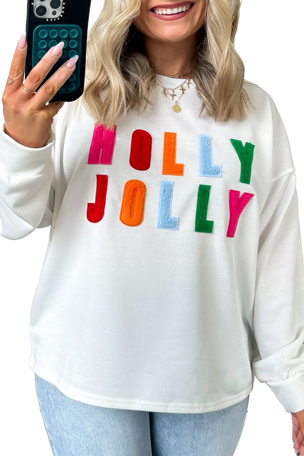 White HOLLY JOLLY Chenille Letter Christmas Plus Size Sweatshirt