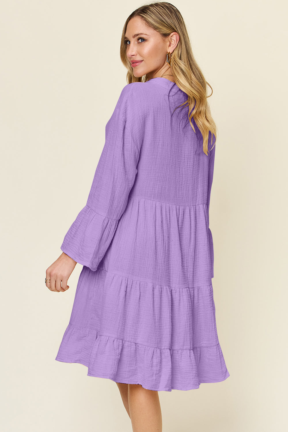 Double Take Full Size Texture Button Up Ruffle Hem Dress