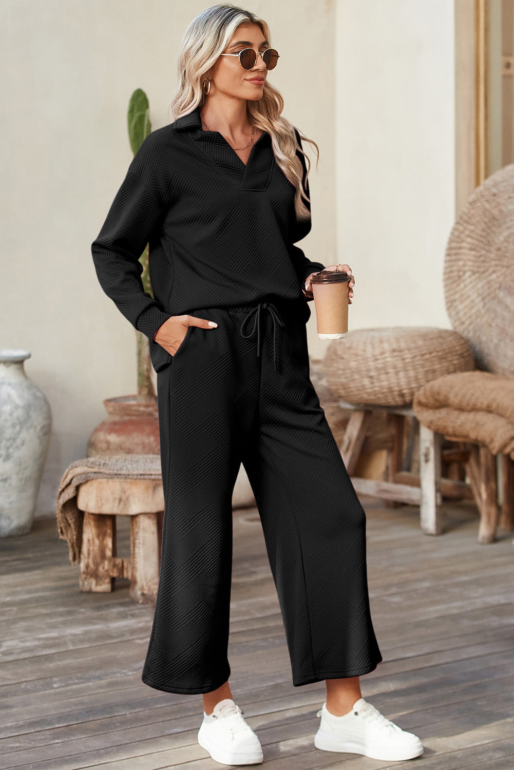 Textured Collared V Neck Top and Wide Leg Pants Set