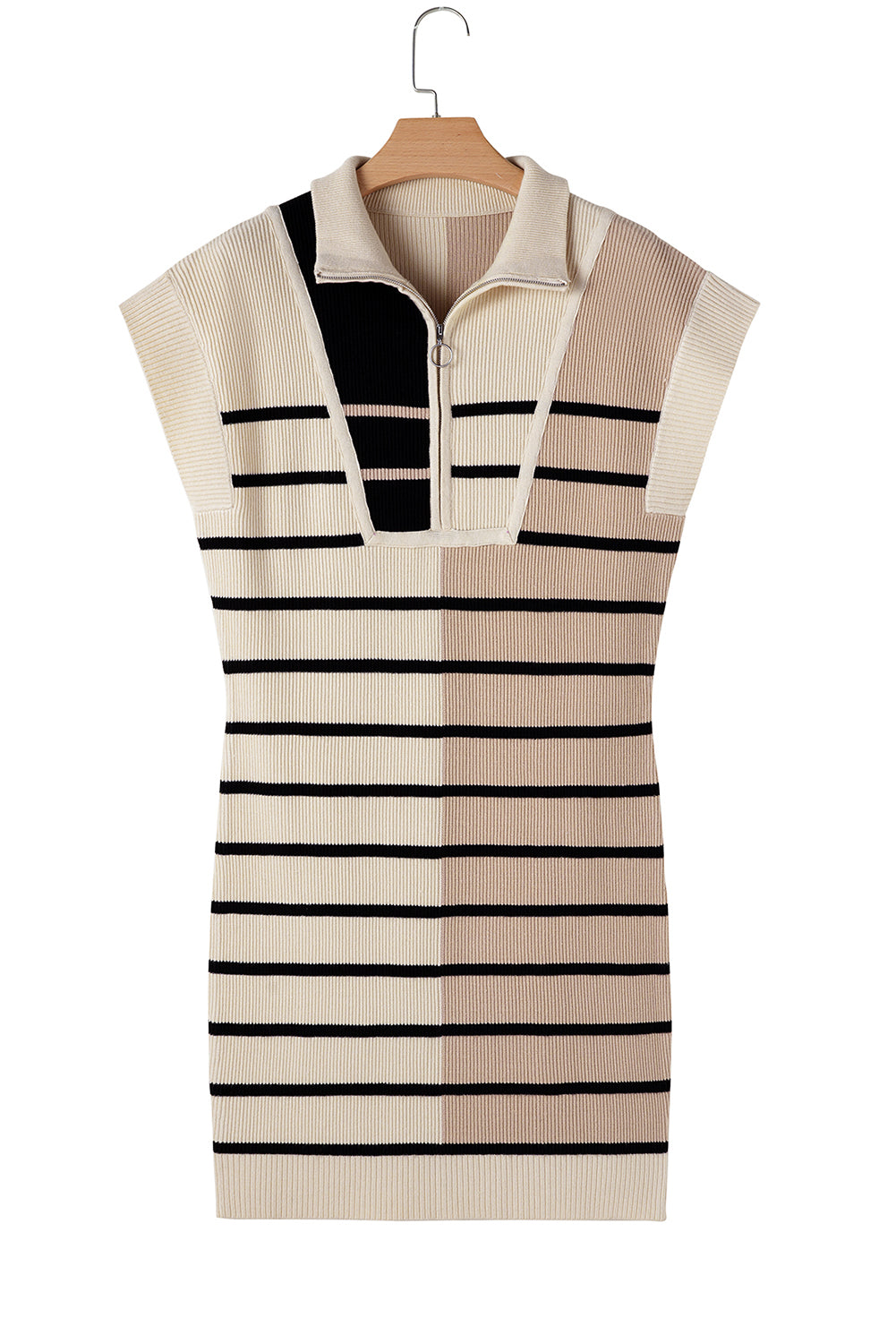 Black Stripe Color Block Short Sleeve Quarter Zip Mini Dress