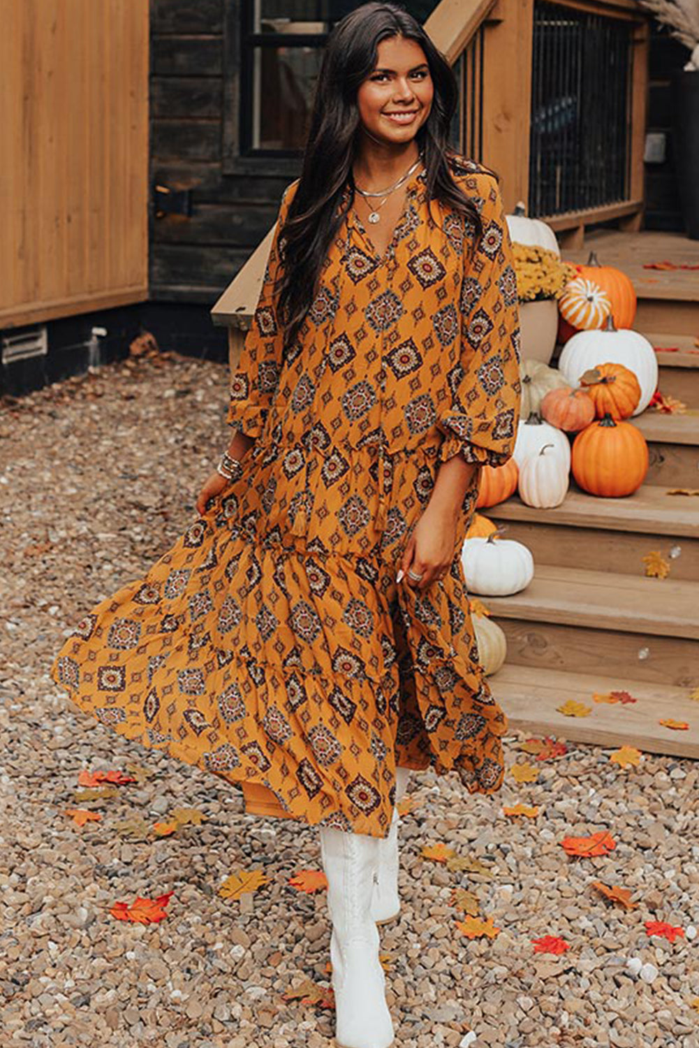 Orange Geometric Print Tiered Frilled Loose Fit Midi Dress