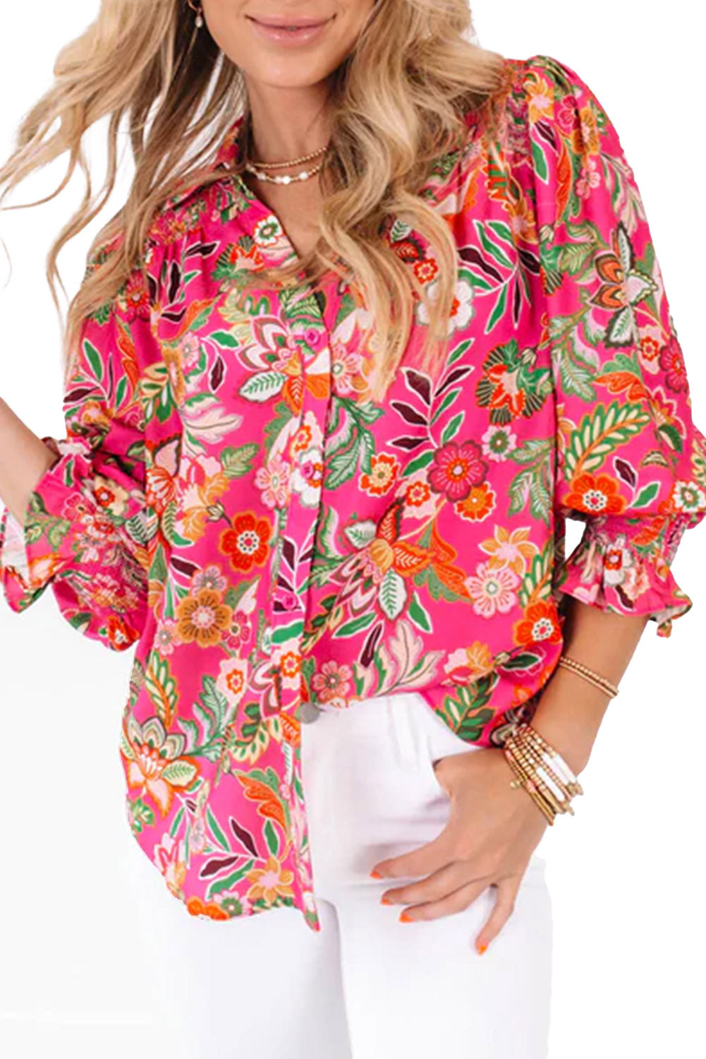 Pink Floral Print Puff Sleeve Shirred Cuffs Boho Shirt