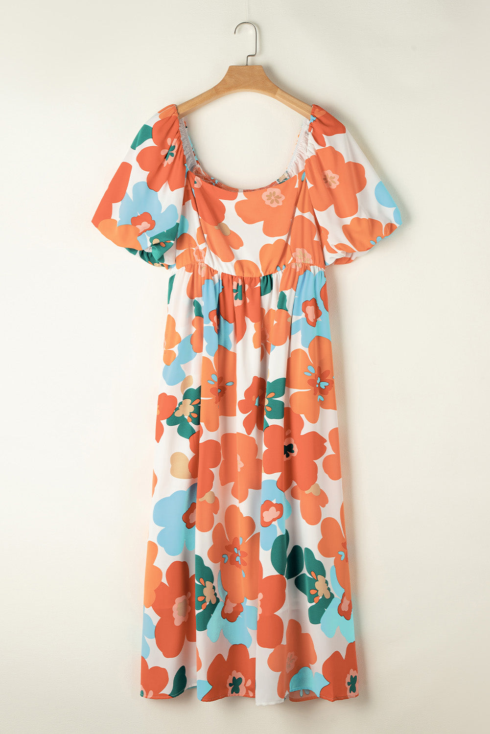 Orange Plus Size Flower Print Shirred Square Neck Maxi Dress