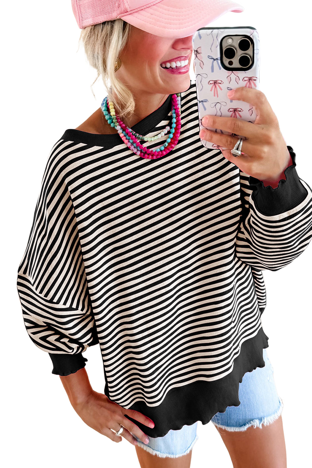 Brown Stripe Drop Shoulder Long Sleeve Top