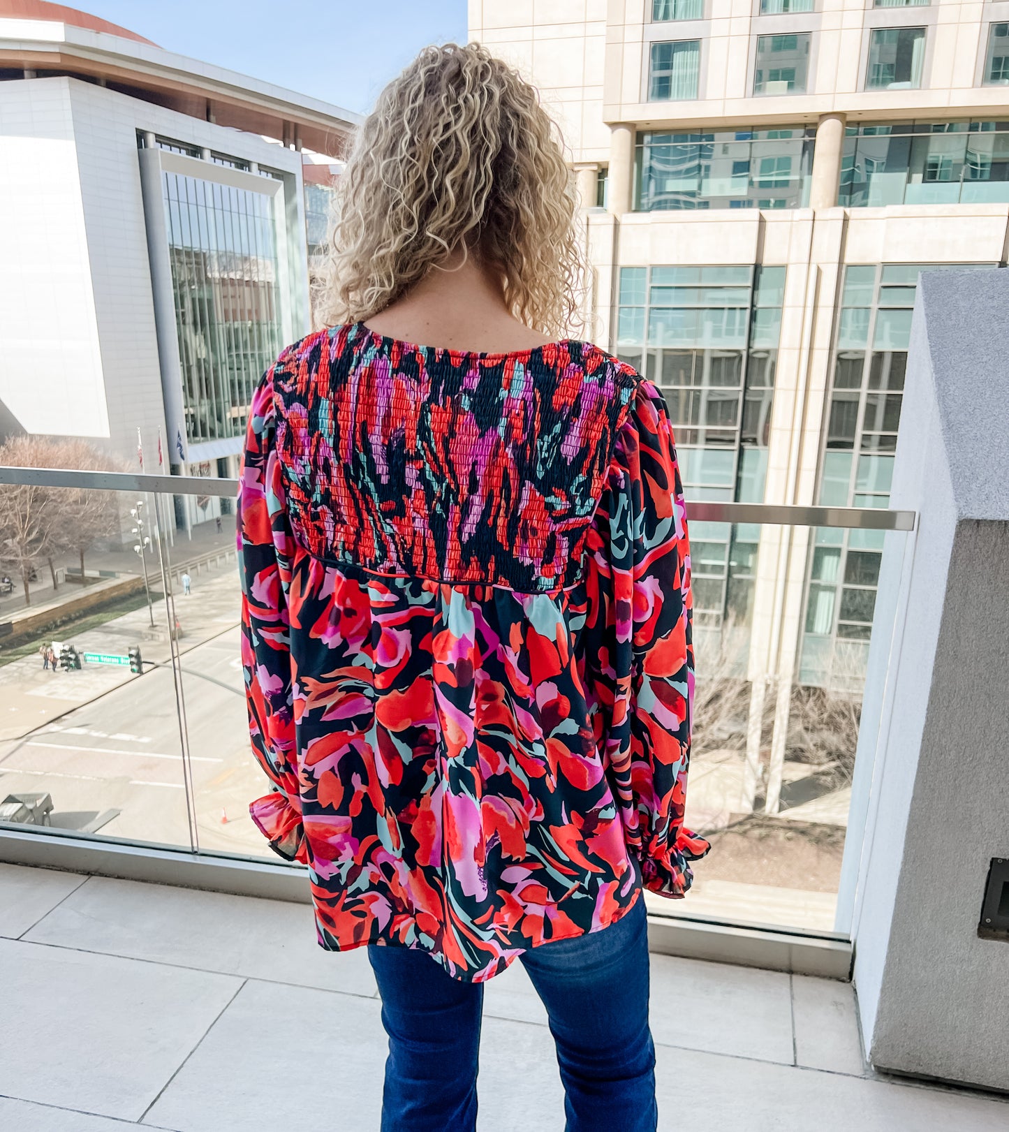 Ruby Floral Shirred V Neck Puff Sleeve Blouse