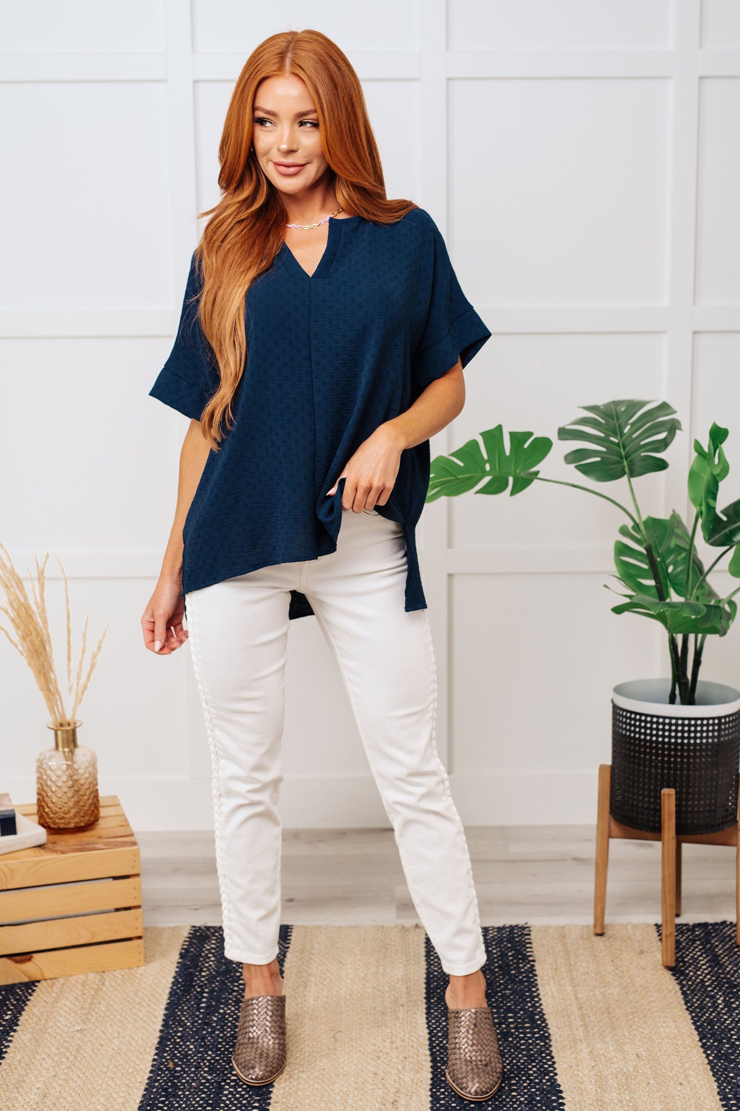 Let's Get Down to Business V-Neck Blouse in Navy