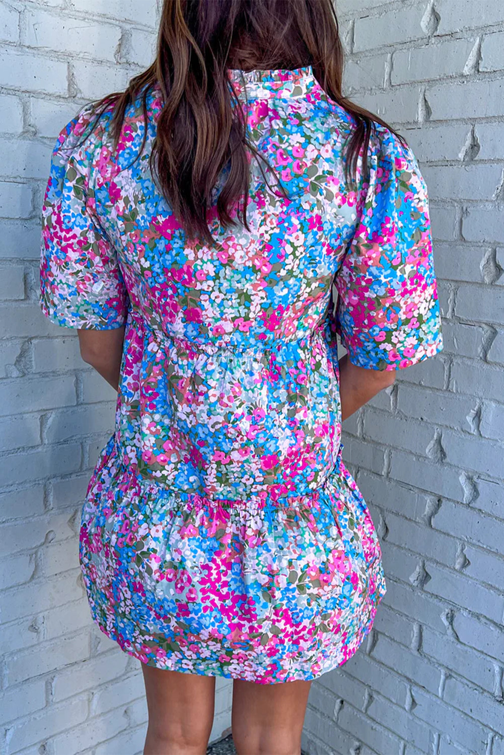 Multicolour Boho Floral Print Puff Sleeve Tiered Mini Dress