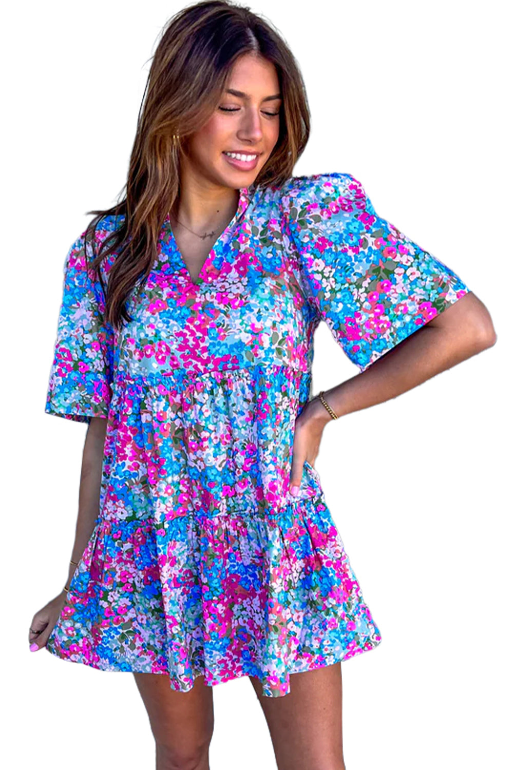 Multicolour Boho Floral Print Puff Sleeve Tiered Mini Dress