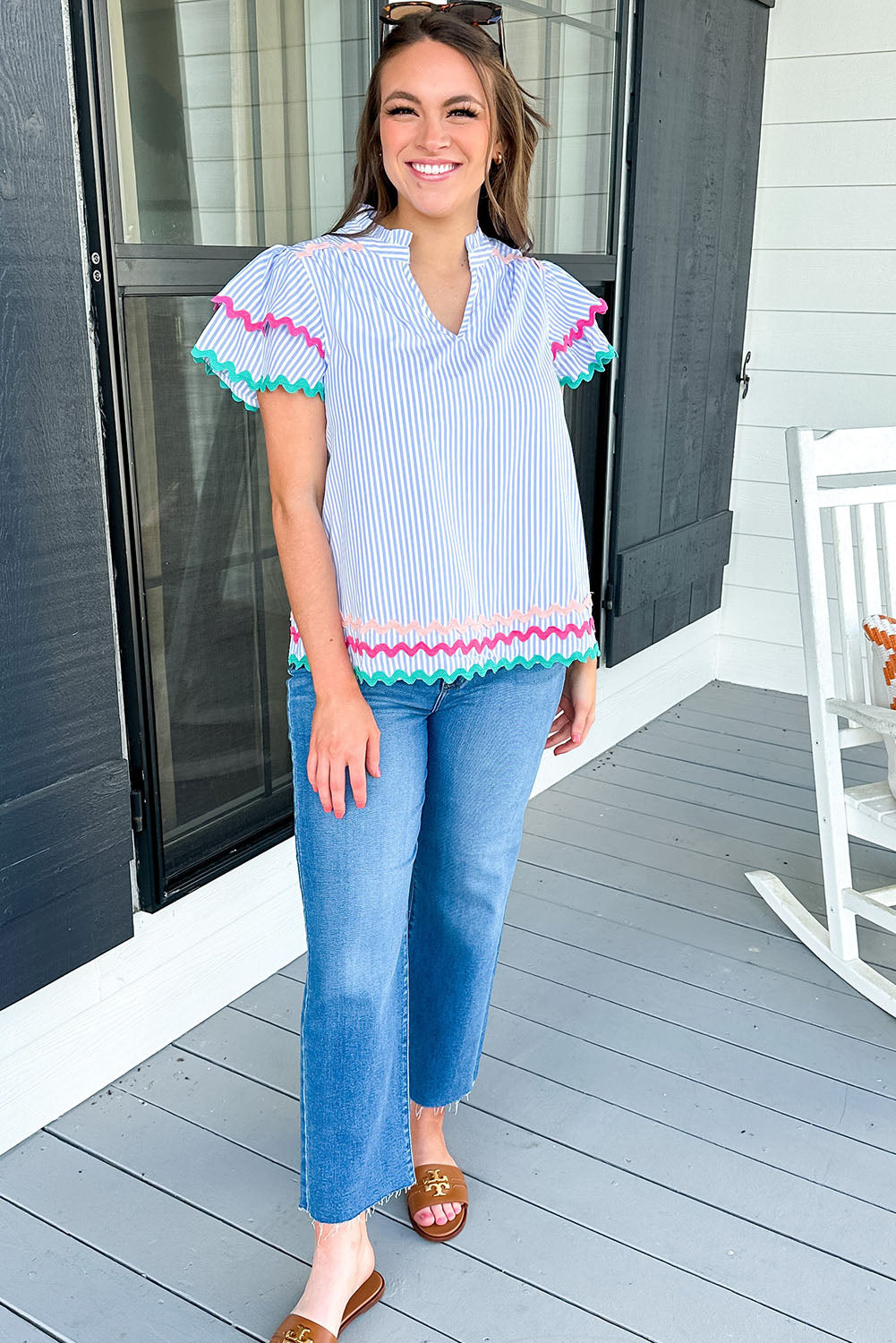 Pink Striped Ricrac Splicing Frill V-Neck Blouse