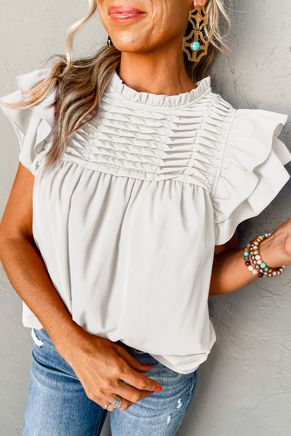 White Smocked Ruffle Sleeve Blouse