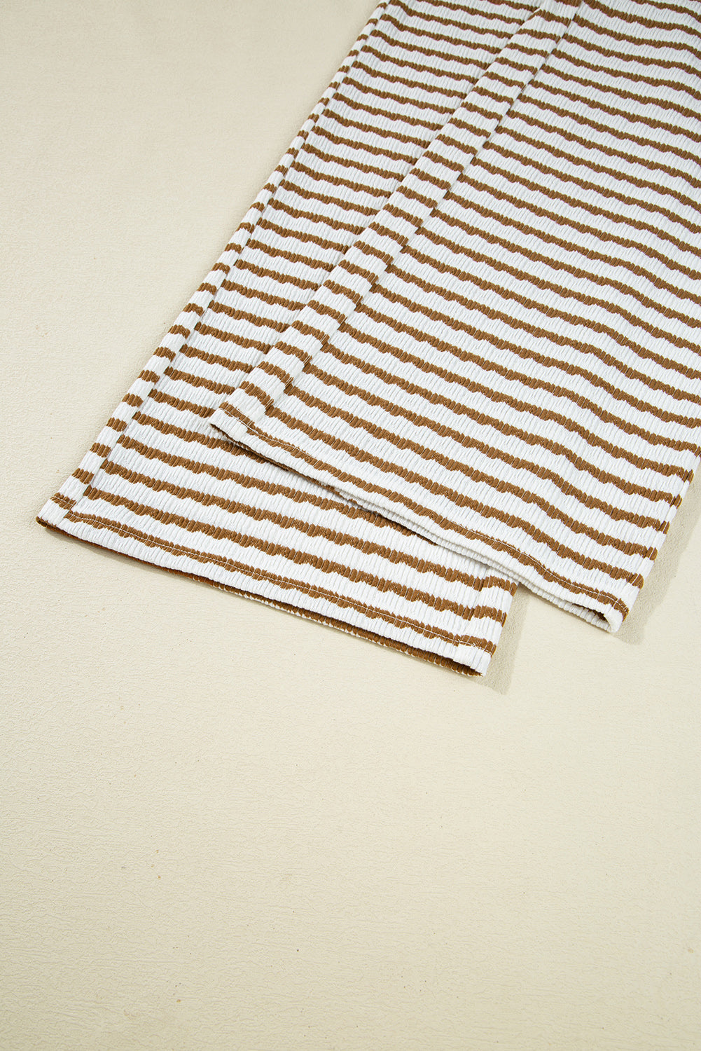 Khaki Stripe Textured Collared Pullover Top and Drawstring Pants Set