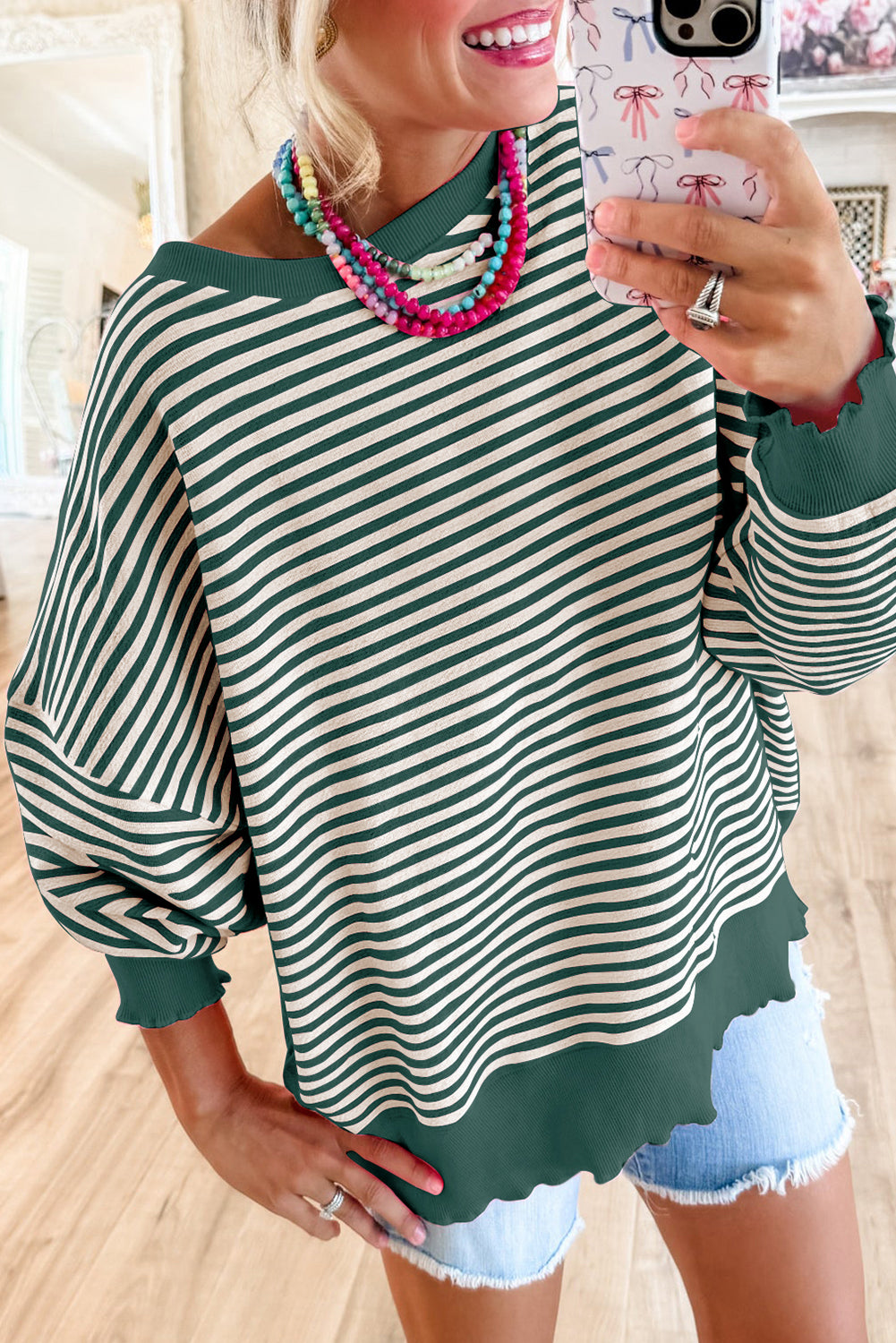 Brown Stripe Drop Shoulder Long Sleeve Top