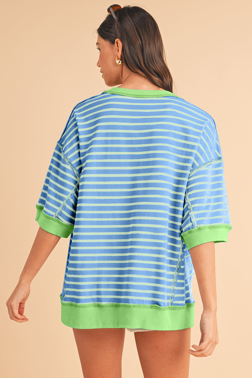 Pink Stripe Colorblock Drop Sleeve Loose Top