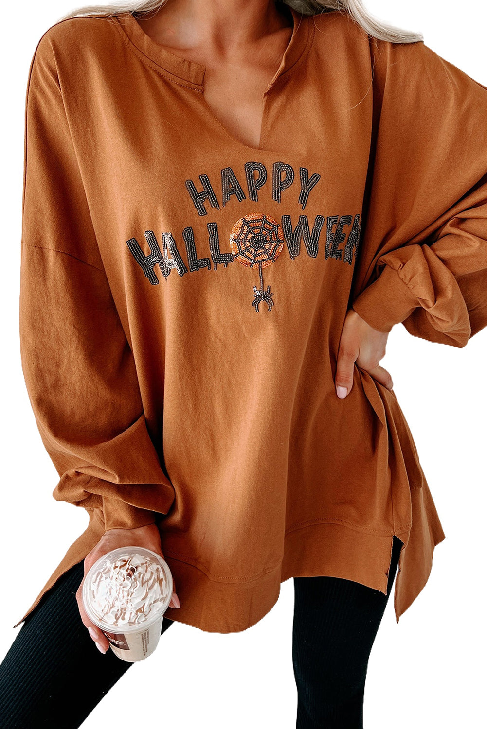 Chestnut Sequin Happy Halloween Graphic Notched Neck Loose Top