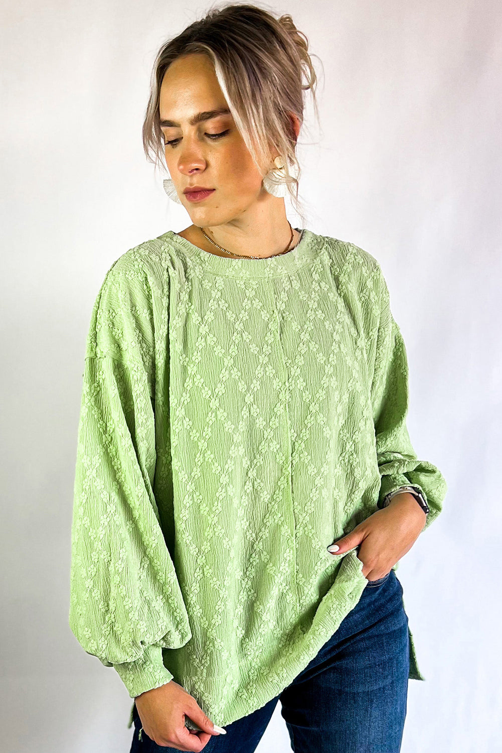 Light Green Solid Color Textured Side Split Drop Shoulder Sweatshirt