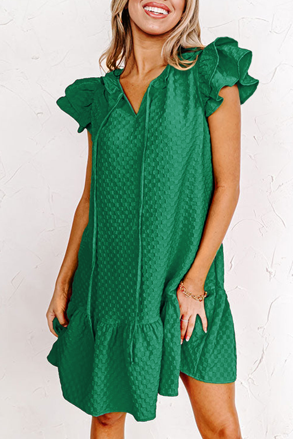 Green Flutter Sleeve Ruffled Textured Shift Dress