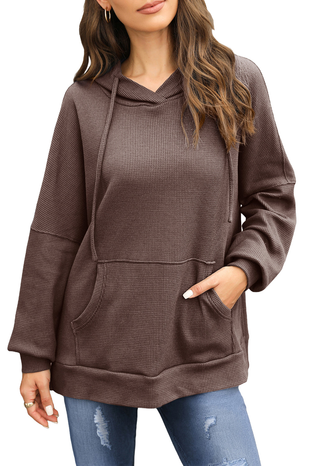 Gray Waffle Knit High Low Oversized Hoodie