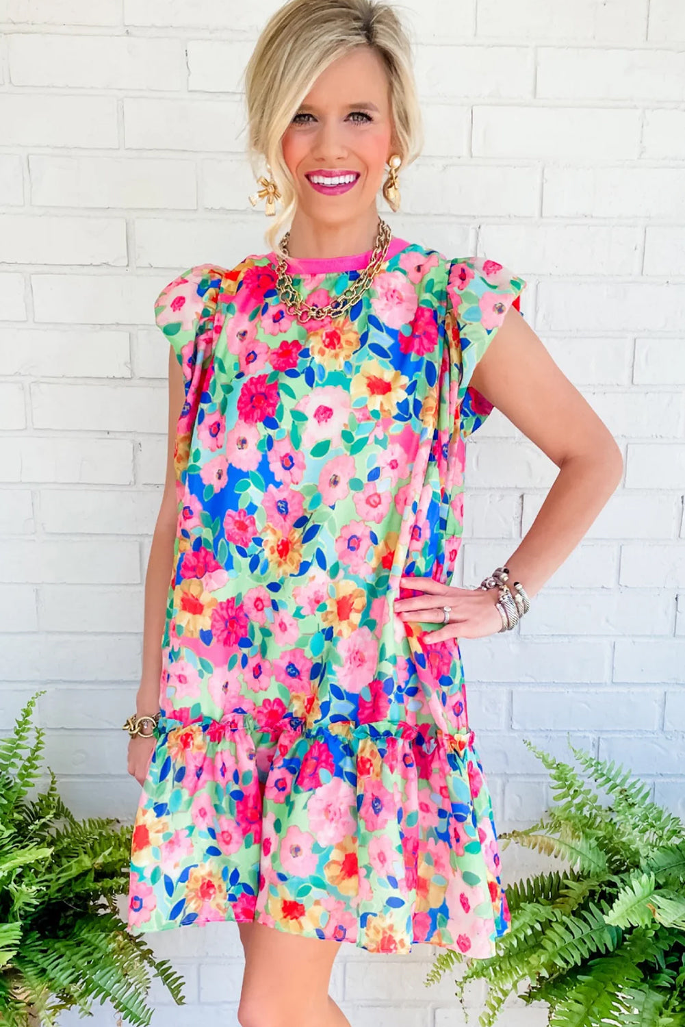 Multicolour Vibrant Floral Print Cap Sleeve Frill Dress