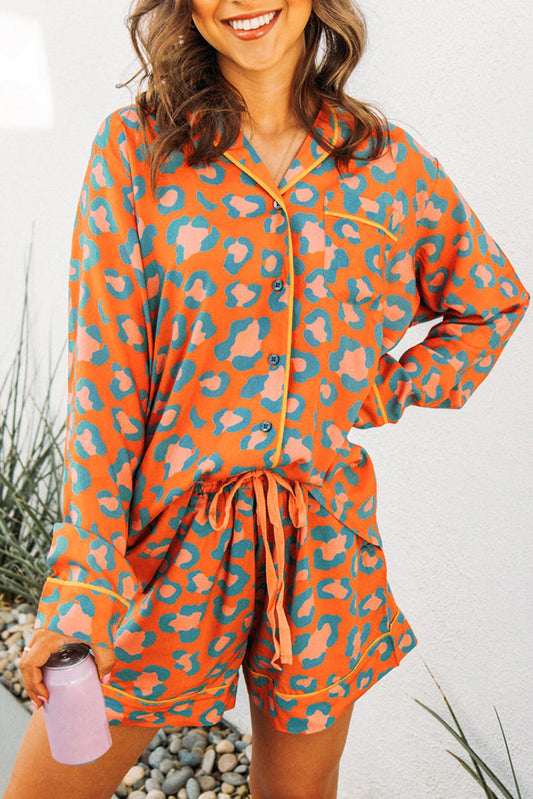 Orange Leopard Print Long Sleeve Shirt and Shorts Pajama Set