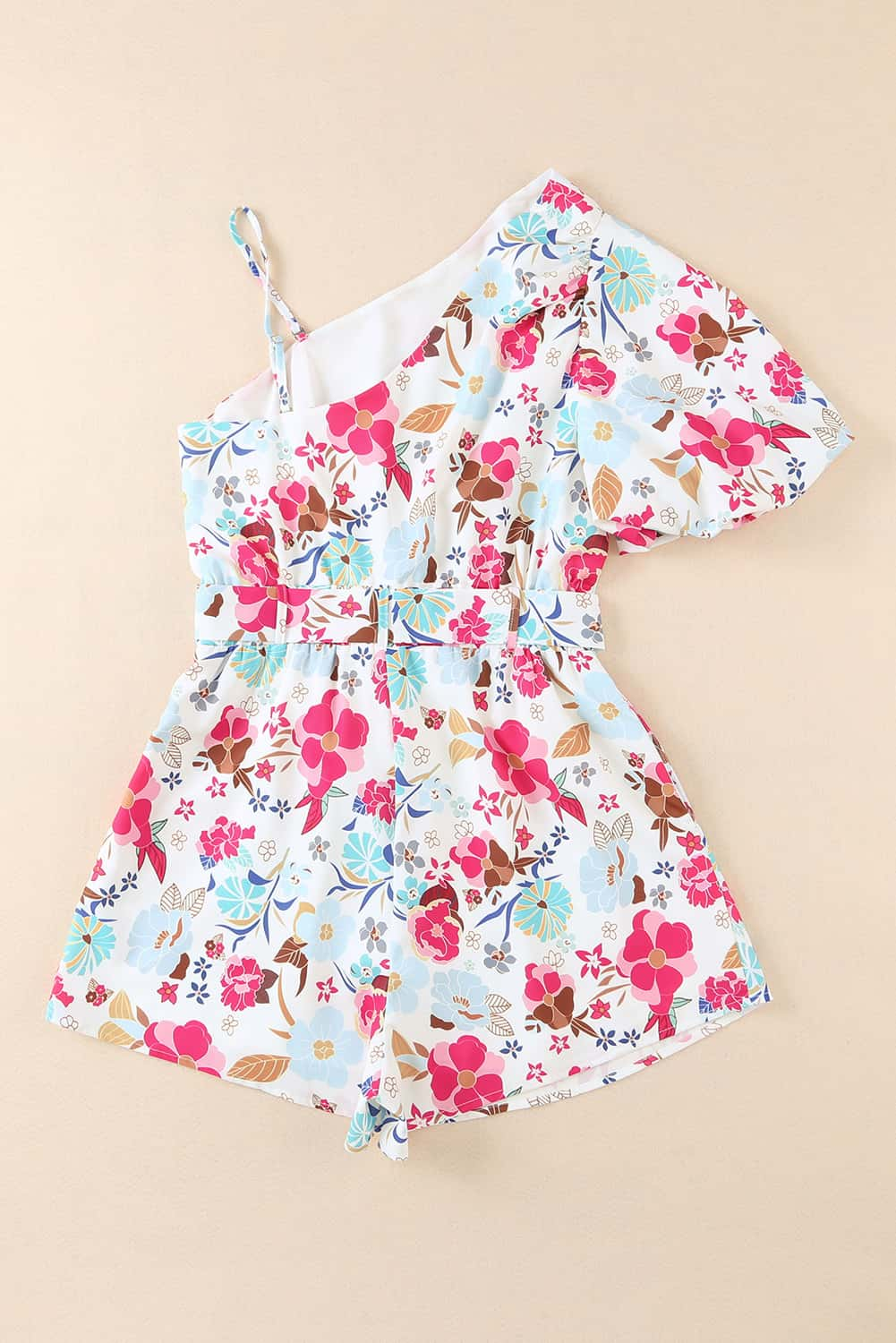 White Floral Single Bubble Sleeve Slant Shoulder Belted Romper