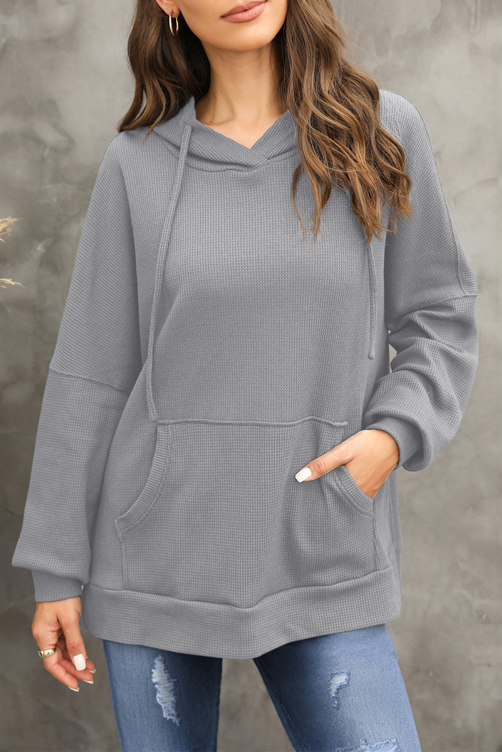 Gray Waffle Knit High Low Oversized Hoodie