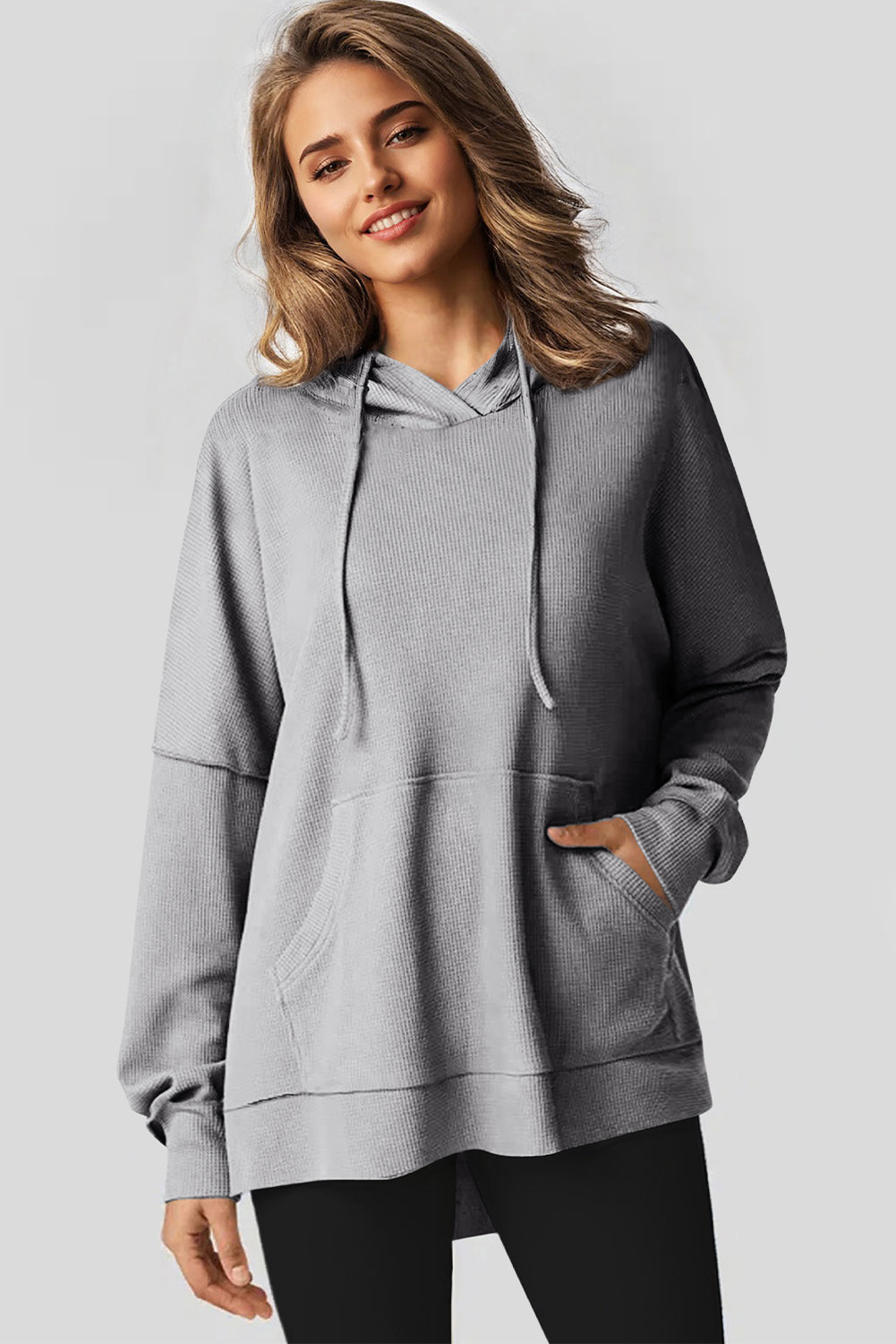 Gray Waffle Knit High Low Oversized Hoodie