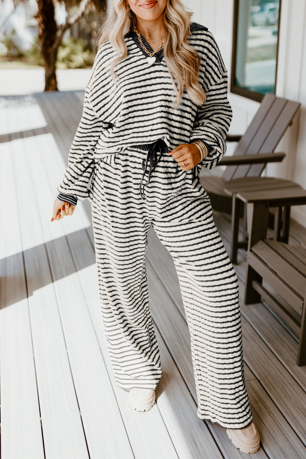 Khaki Stripe Textured Collared Pullover Top and Drawstring Pants Set