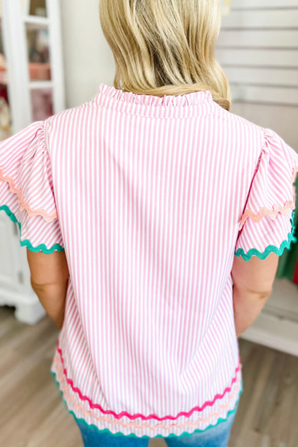 Pink Striped Ricrac Splicing Frill V-Neck Blouse