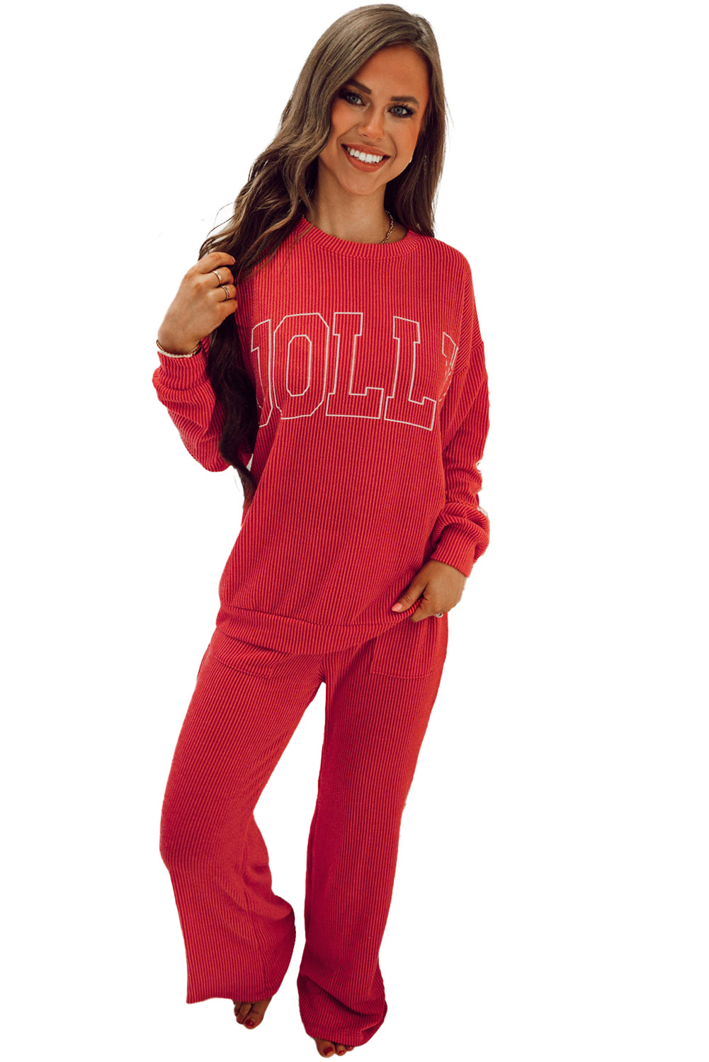 Fiery Red Corded JOLLY Pattern Long Sleeve Top and Pockets Pants Set