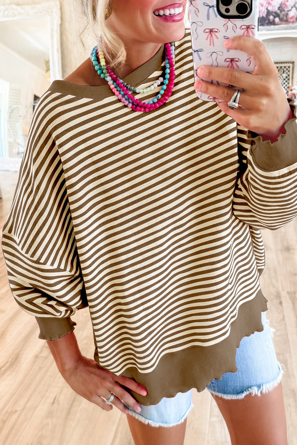 Brown Stripe Drop Shoulder Long Sleeve Top