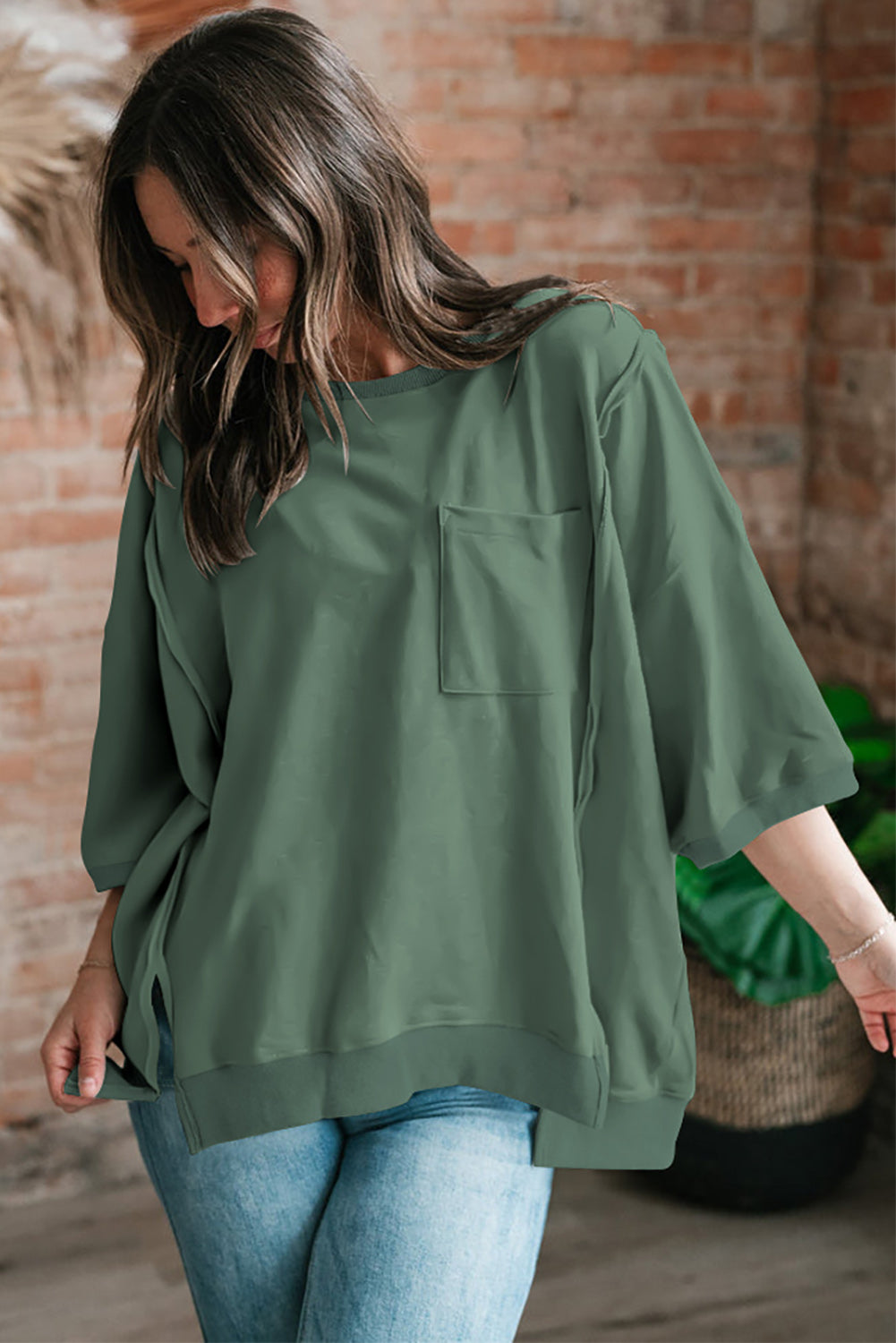Light Grey Exposed Seam Pocket Side Split Loose T Shirt
