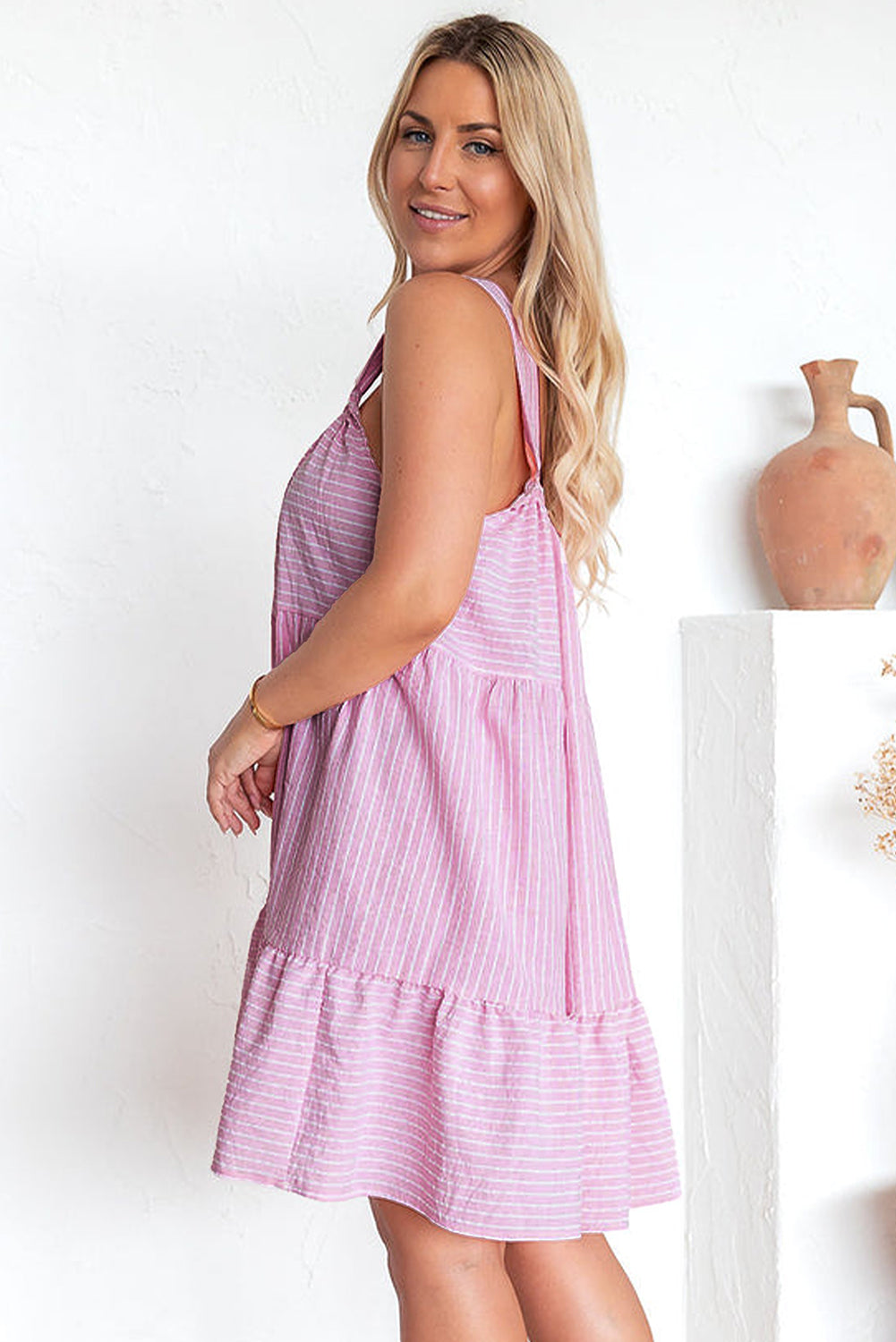 Pink Striped Ruffle Hem Sleeveless Mini Flared Dress